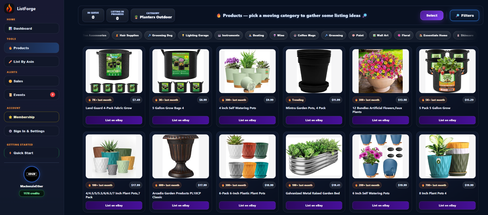 ListForge product research with prominent List on eBay buttons