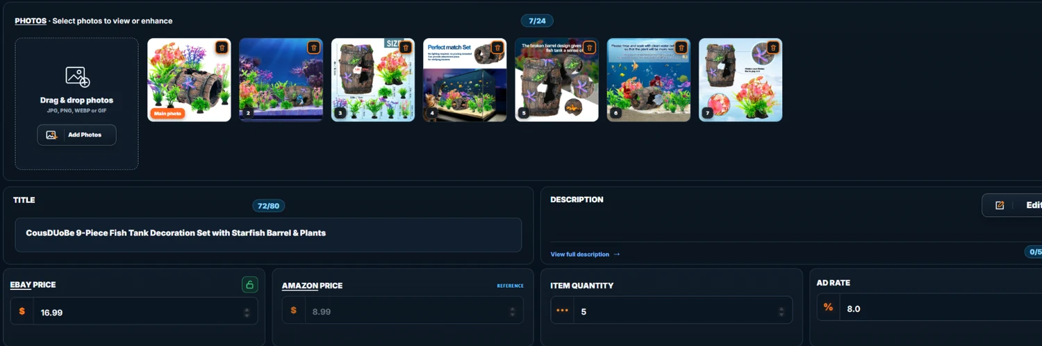 ListForge listing editor with photos, title, description, pricing and quantity