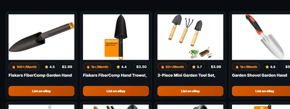 ListForge product finder showing product cards and List on eBay buttons